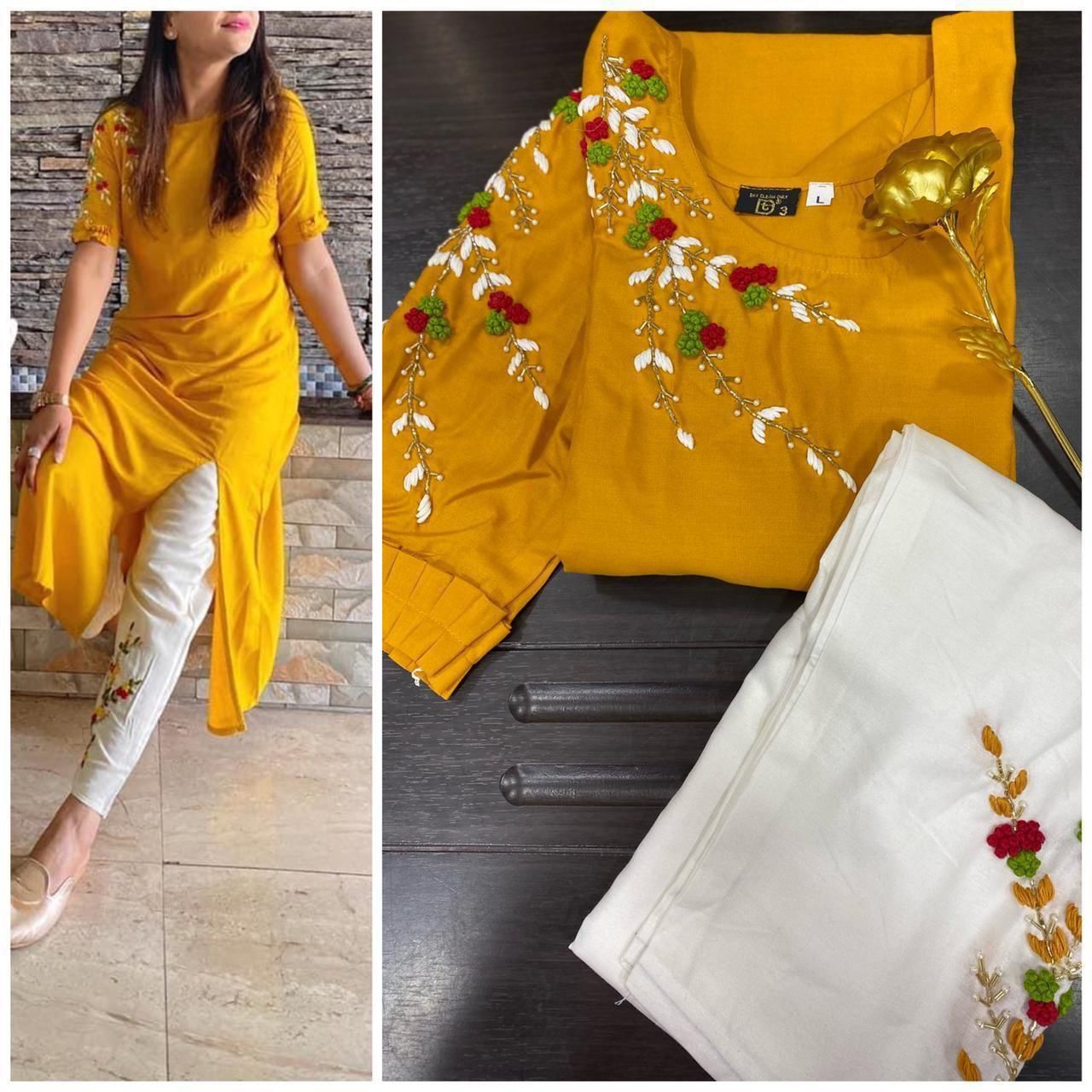TDG Flower Queen Rayon Hand Work Designer Kurti With Bottom Catalog